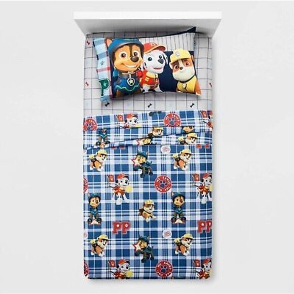 PAW Patrol Rubble Marshall Chase 3pc Preppy Pups Plaid Sheet Set, Twin - Picture 2 of 3